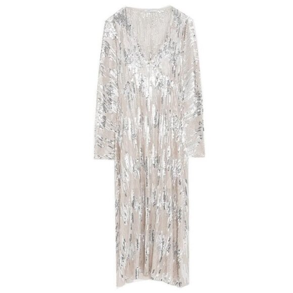 ZARA SILVER SEQUIN Glam Midi DRESS Gown 2878/467 Maxi Evening Holiday Party NWT - Picture 1 of 8